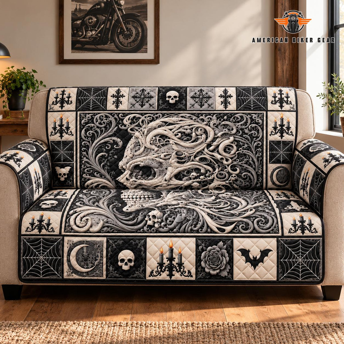 Black & White Gothic Skull Quilted Seat Sofa TN13