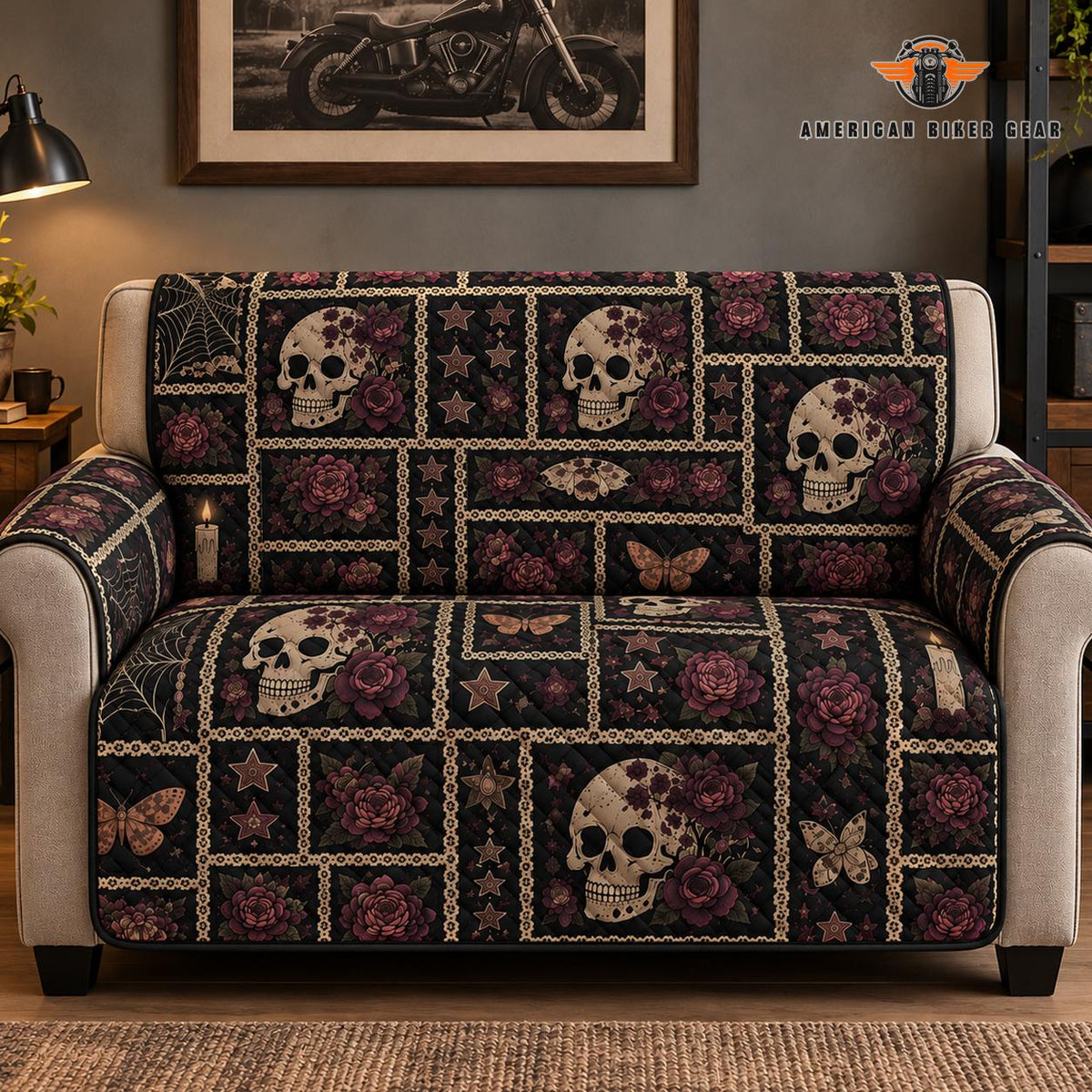 Dark Floral Skull Quilted Seat Sofa TN14
