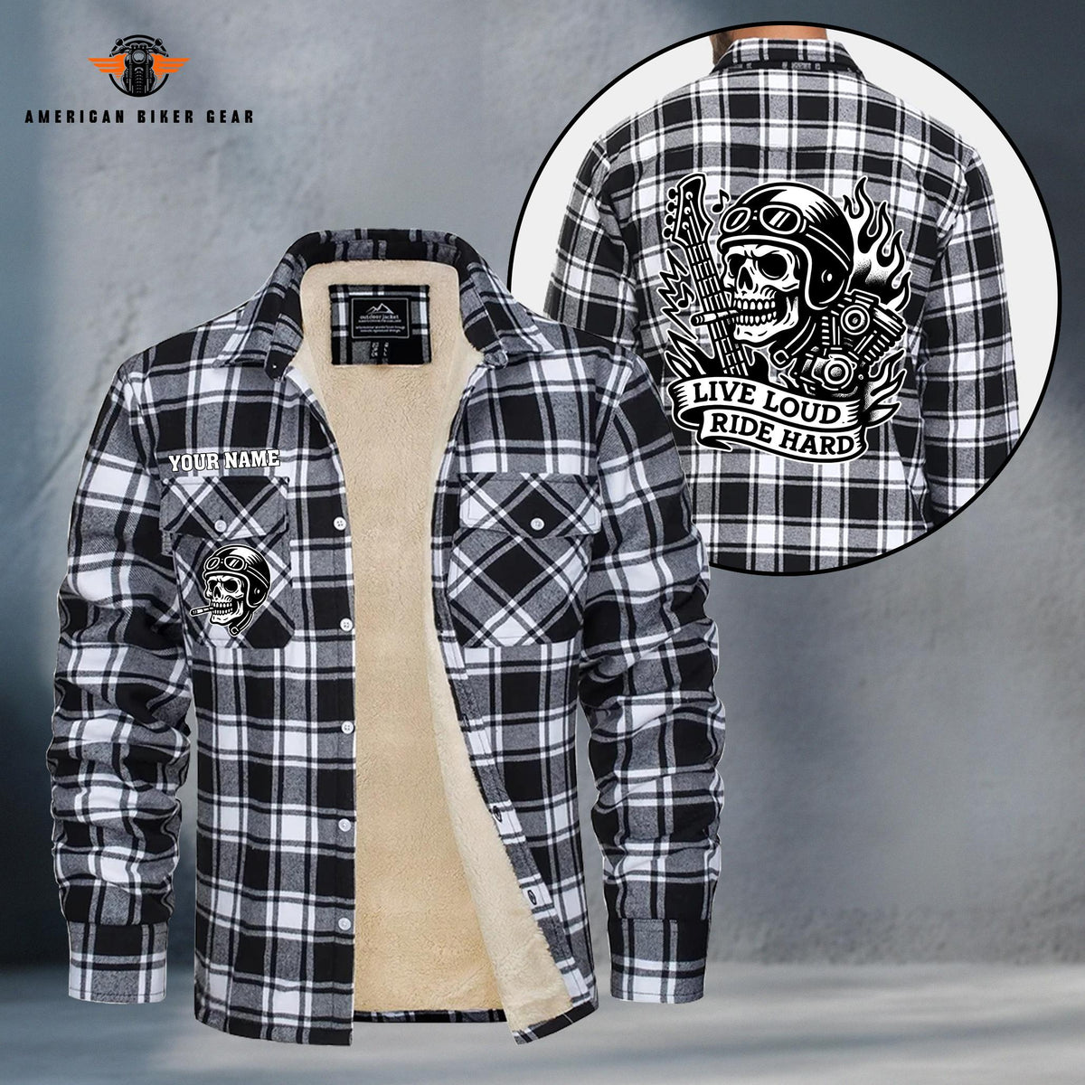 Skeleton Motorcycle Rider Personalized Fleece Flannel Plaid Jacket TP19