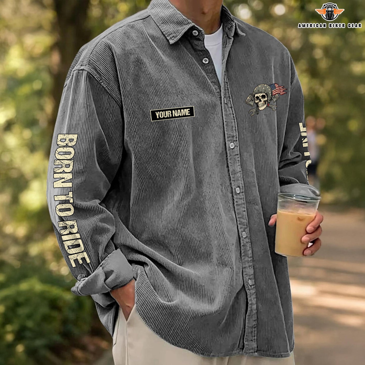 Biker Personalized Corduroy Shirt Button Long Sleeves TP02