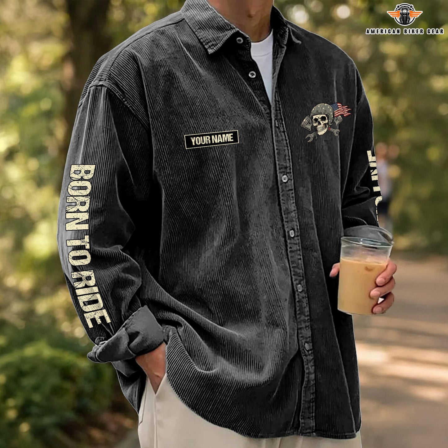 Biker Personalized Corduroy Shirt Button Long Sleeves TP02