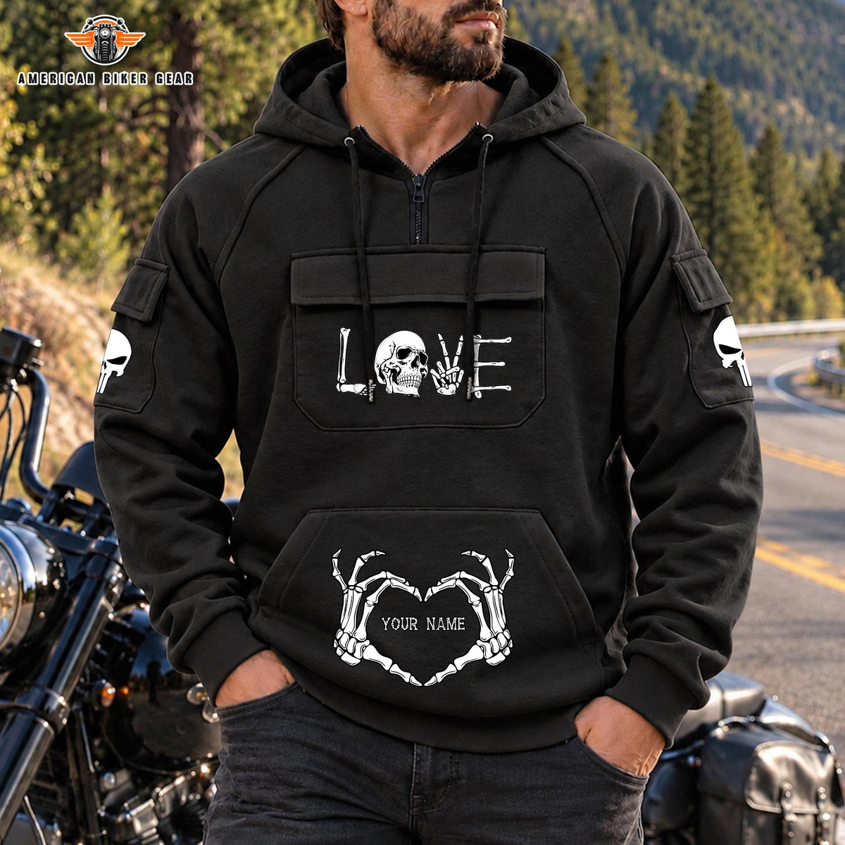 Skeleton Love Personalized Men's Half Zip Hoodie with Arm Pockets Front TP07
