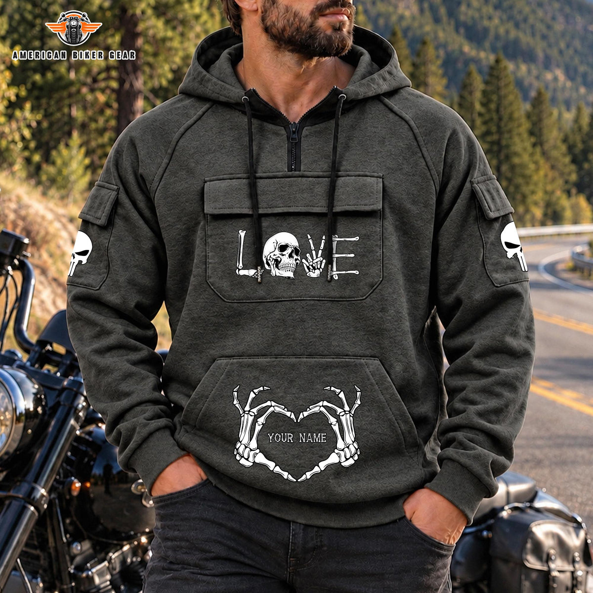 Skeleton Love Personalized Men's Half Zip Hoodie with Arm Pockets Front TP07