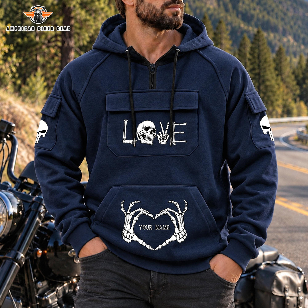 Skeleton Love Personalized Men's Half Zip Hoodie with Arm Pockets Front TP07