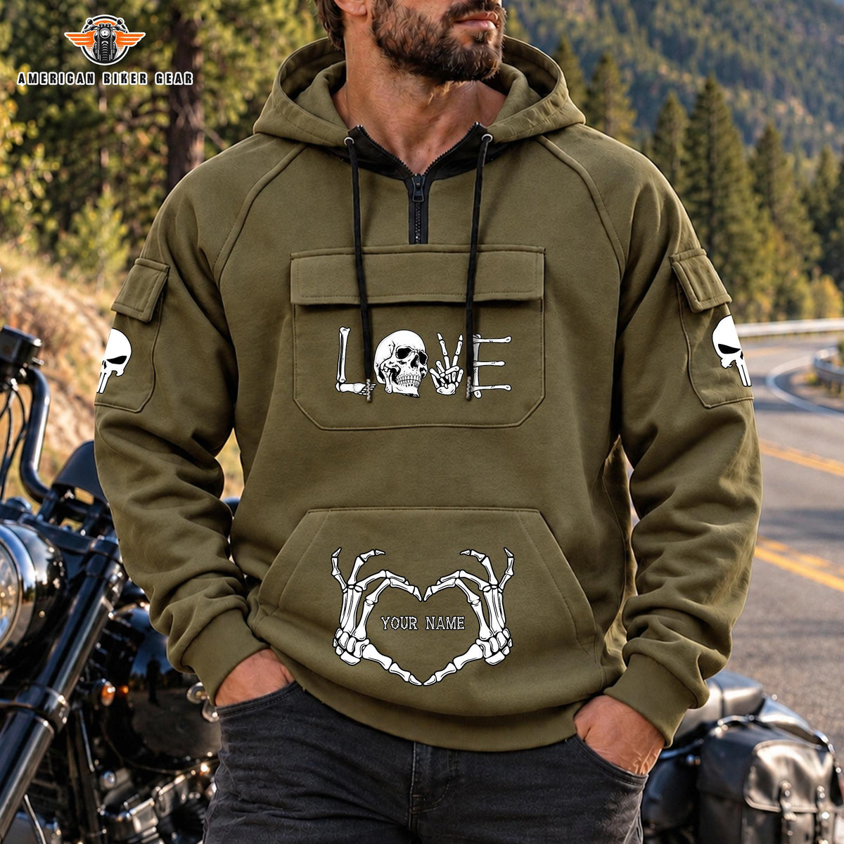 Skeleton Love Personalized Men's Half Zip Hoodie with Arm Pockets Front TP07
