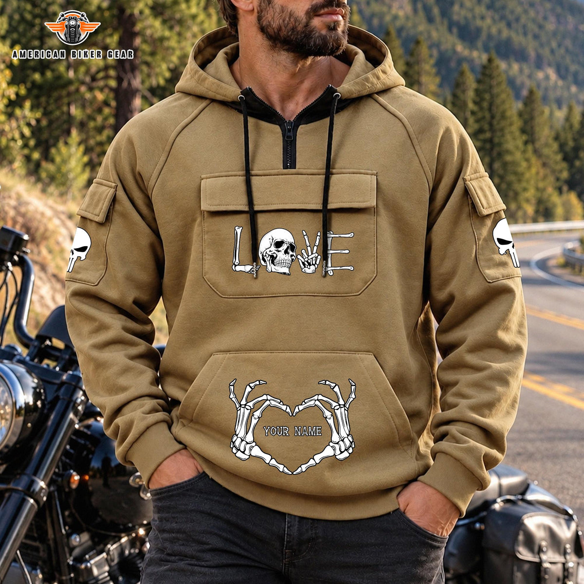 Skeleton Love Personalized Men's Half Zip Hoodie with Arm Pockets Front TP07