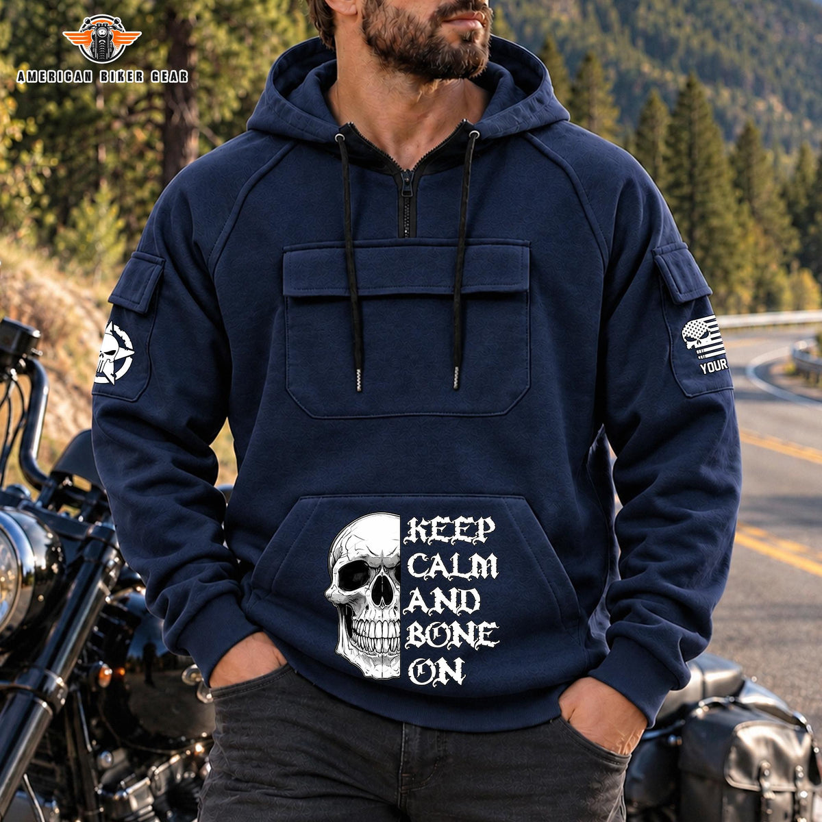 Keep Calm & Bone On Personalized Men's Half Zip Hoodie with Arm Pockets Front TP08