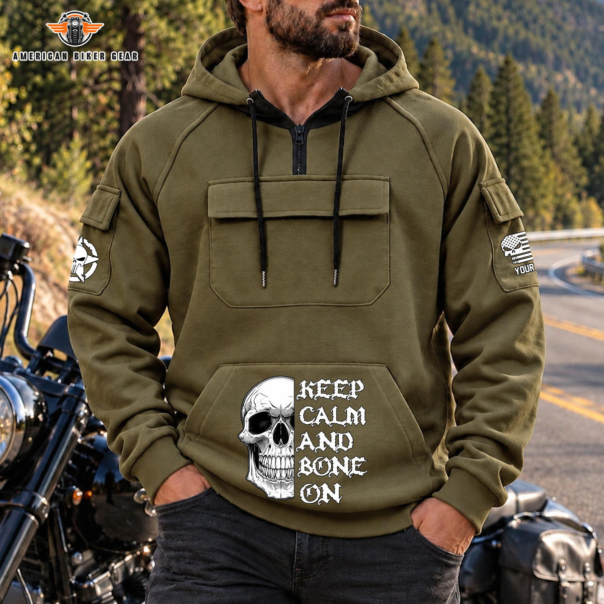 Keep Calm & Bone On Personalized Men's Half Zip Hoodie with Arm Pockets Front TP08