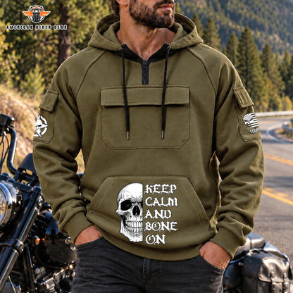 Keep Calm & Bone On Personalized Men's Half Zip Hoodie with Arm Pockets Front TP08