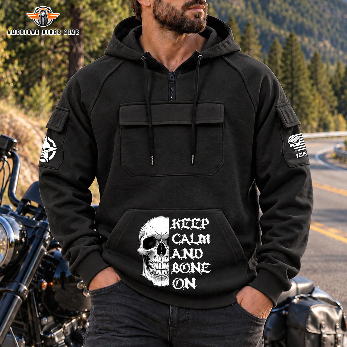 Keep Calm & Bone On Personalized Men's Half Zip Hoodie with Arm Pockets Front TP08
