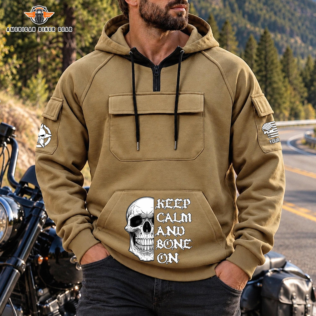 Keep Calm & Bone On Personalized Men's Half Zip Hoodie with Arm Pockets Front TP08