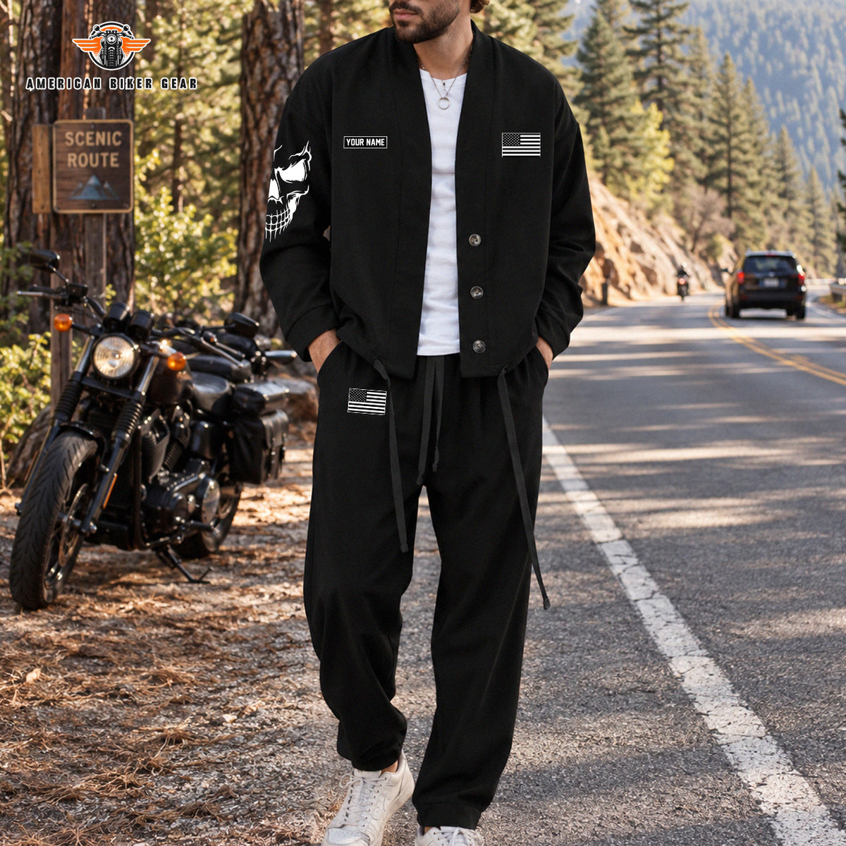 Tactical Skull Print Personalized Combo Men's Cardigan Jacketsand Solid Jogger TP02