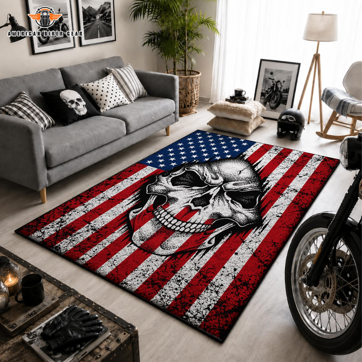 American Flag Skull Faux Cashmere Area Rug TP01