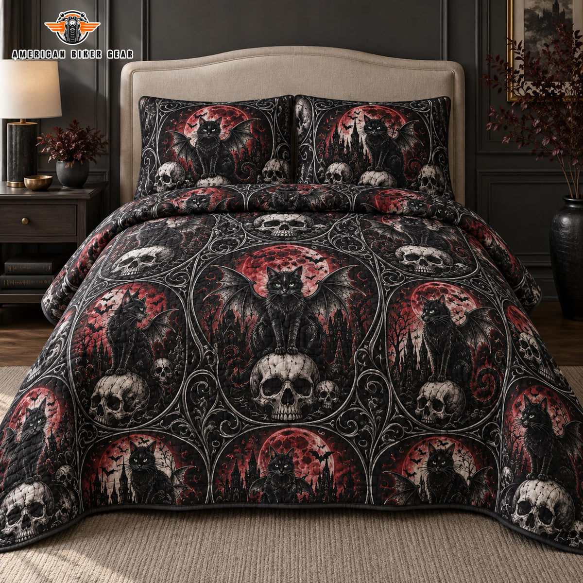 Gothic Black Bat Cat & Skull Quilted Bedding Set TP01