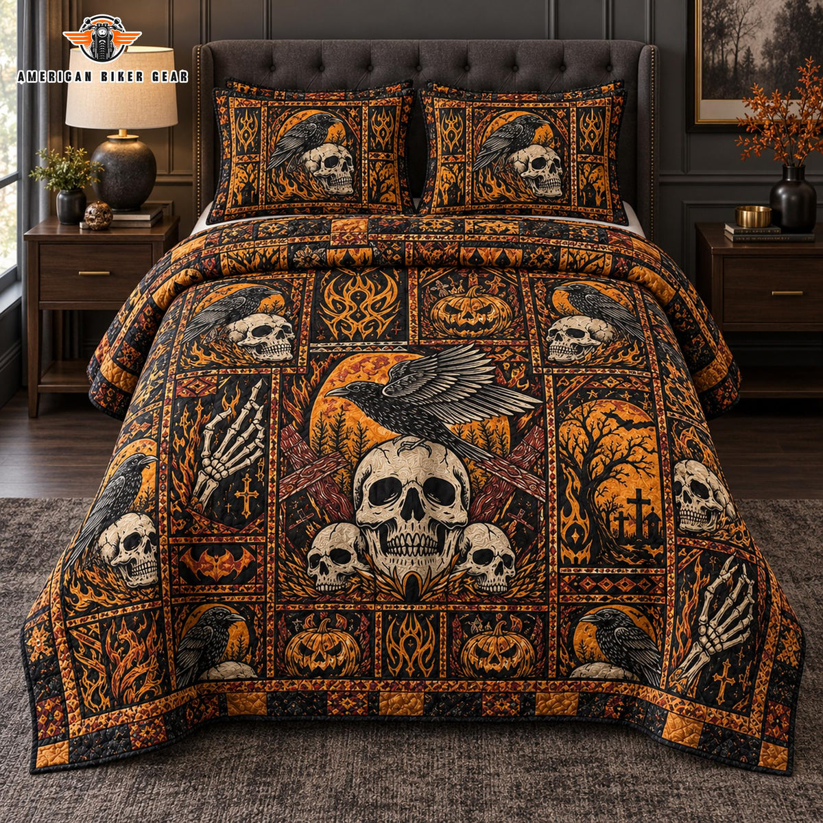 Gothic Raven Skull Quilted Bedding Set TP02