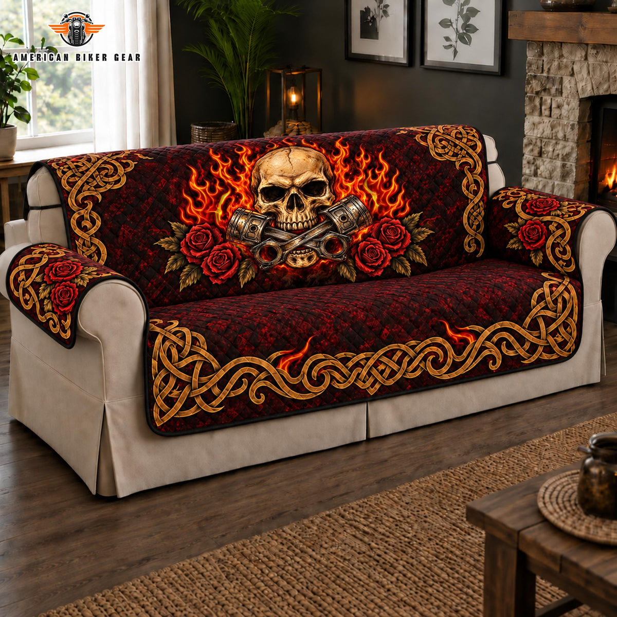 Skull & Roses Biker Quilted Seat Sofa TP01