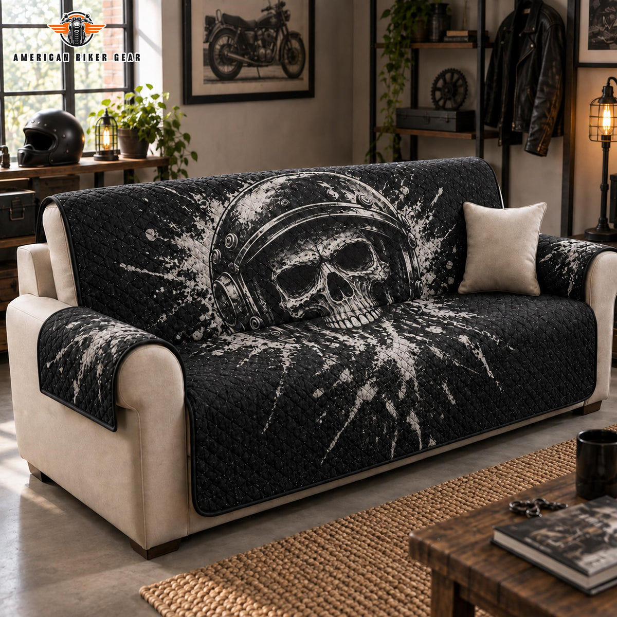 Skull Helmet Biker Quilted Seat Sofa TP02