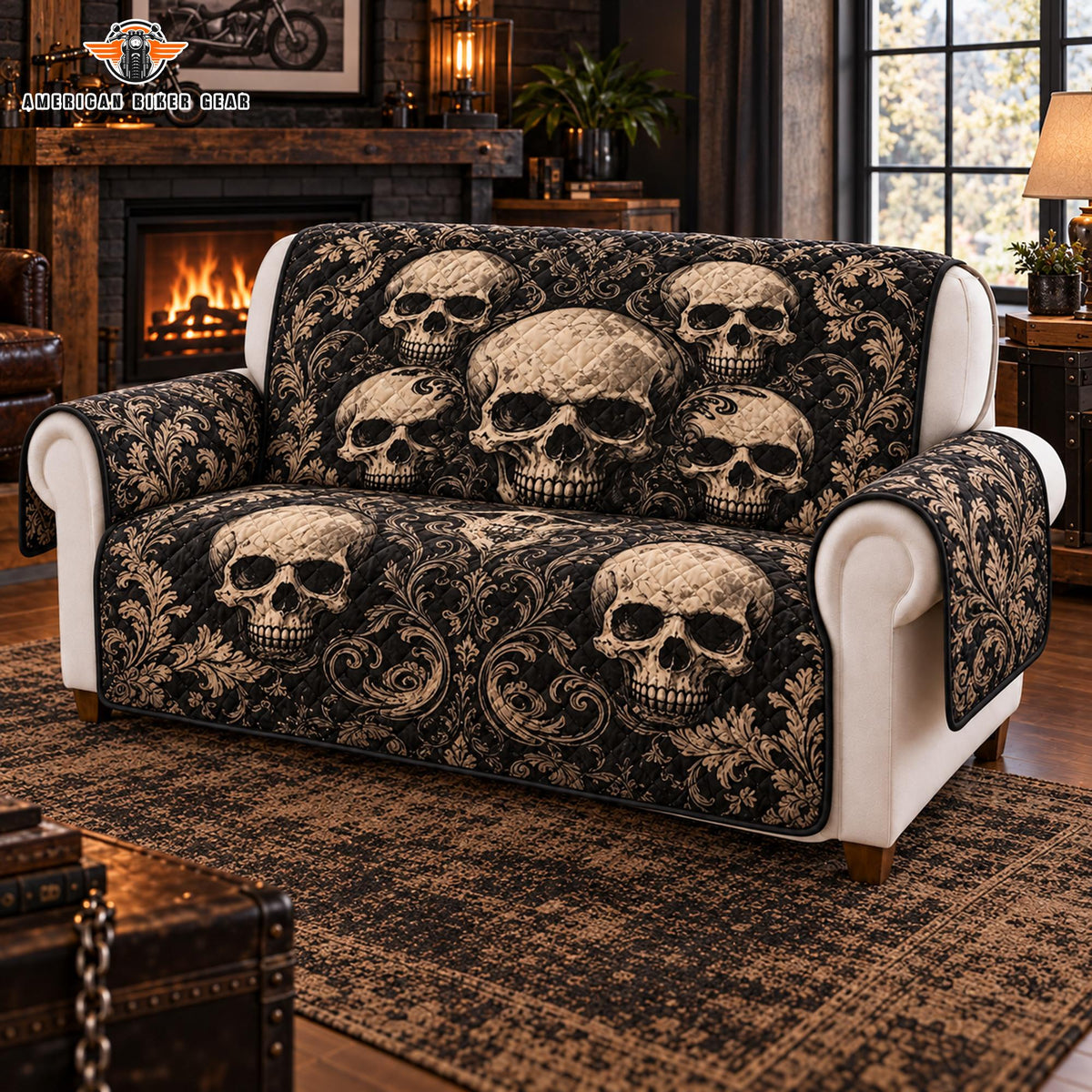 Rustic Skull & Filigree Quilted Seat Sofa TP10