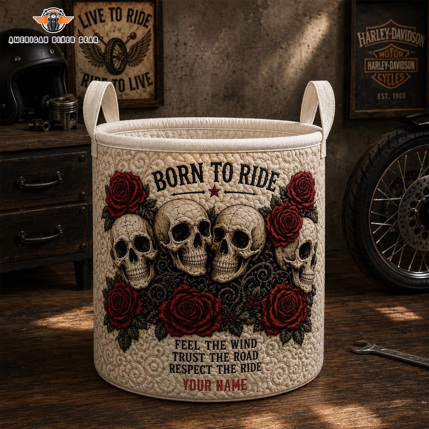 Born To Ride Personalized Quilted Laundry Basket TP02
