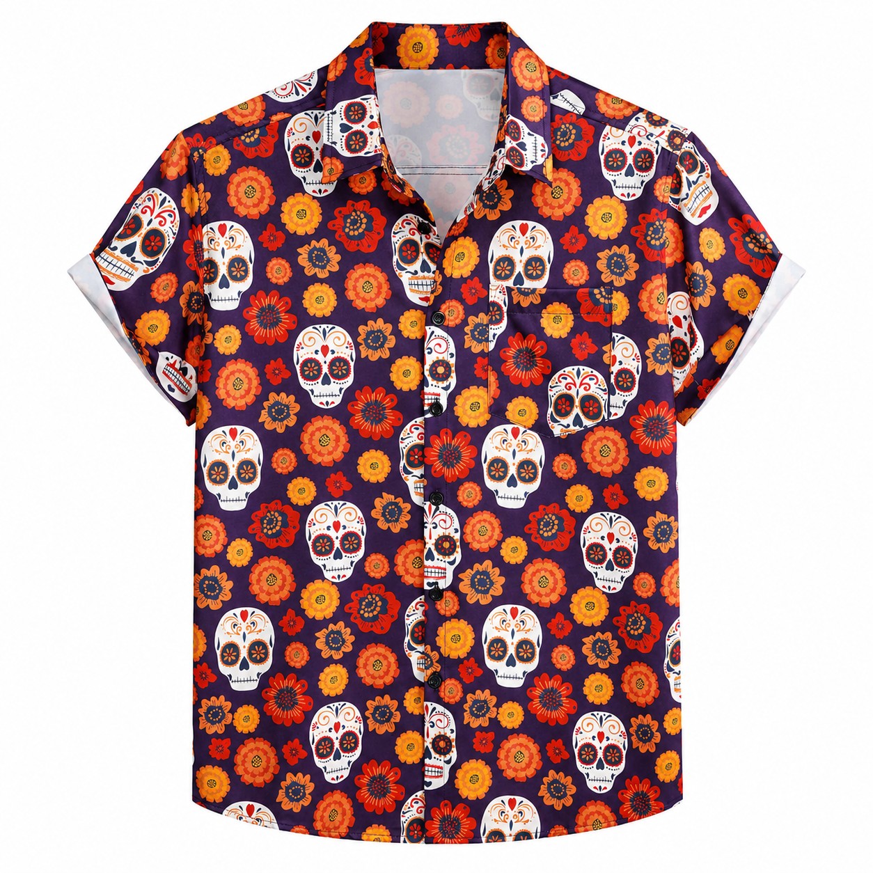 Sugar Skull Floral Hawaiian Shirt With Pockets TT01