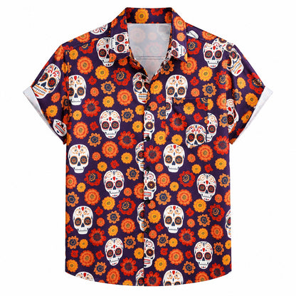 Sugar Skull Floral Hawaiian Shirt With Pockets TT01