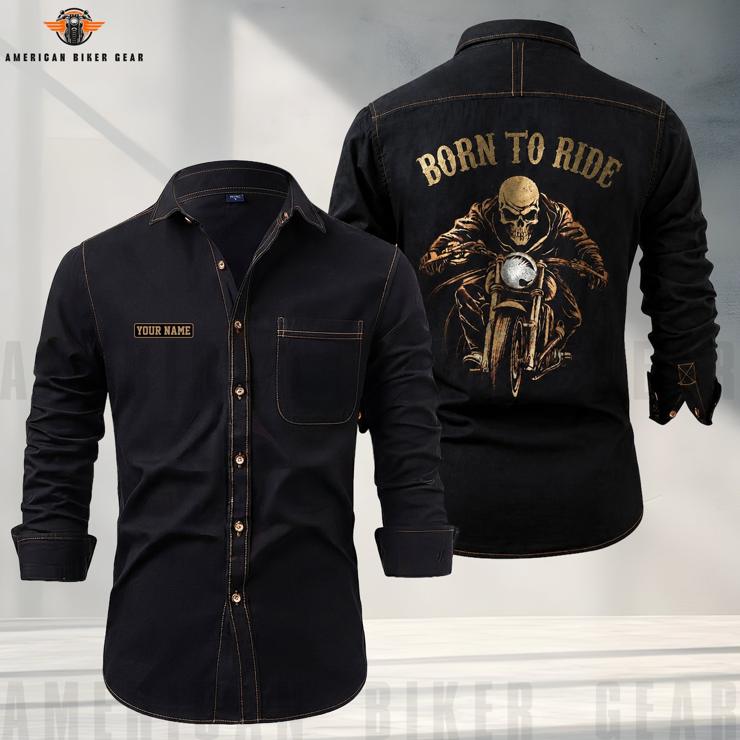 Personalized Golden Born To Ride Denim Cotton Casual Shirts TT01