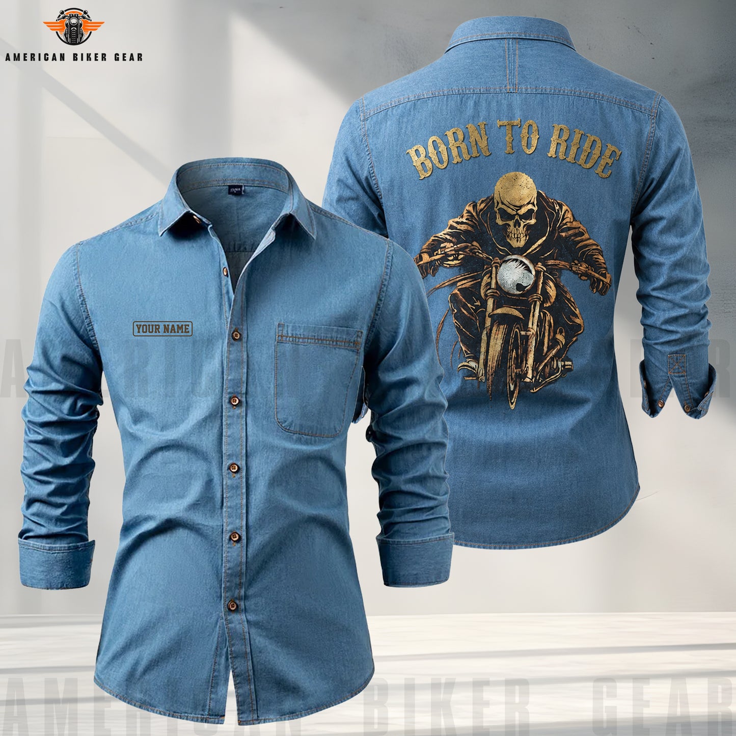 Personalized Golden Born To Ride Denim Cotton Casual Shirts TT01
