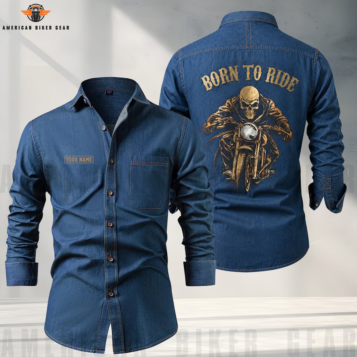Personalized Golden Born To Ride Denim Cotton Casual Shirts TT01