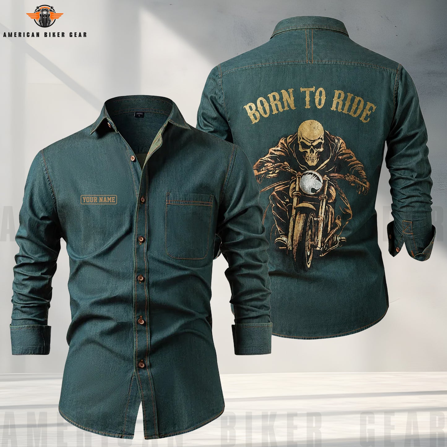 Personalized Golden Born To Ride Denim Cotton Casual Shirts TT01