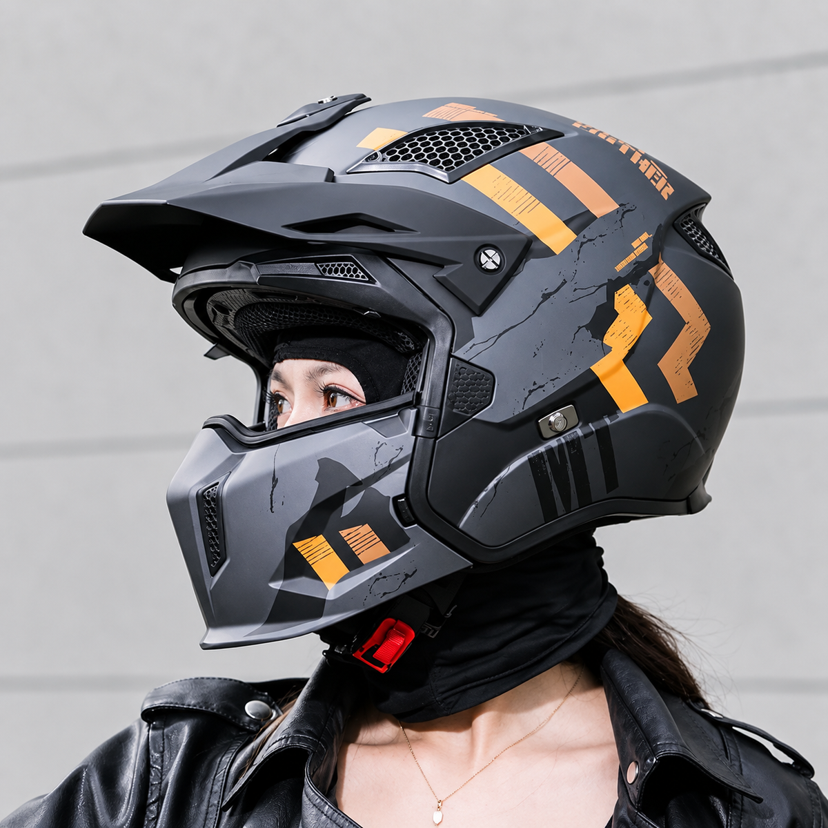 Matte Grey & Orange Skull Convertible Motorcycle Helmet LD05