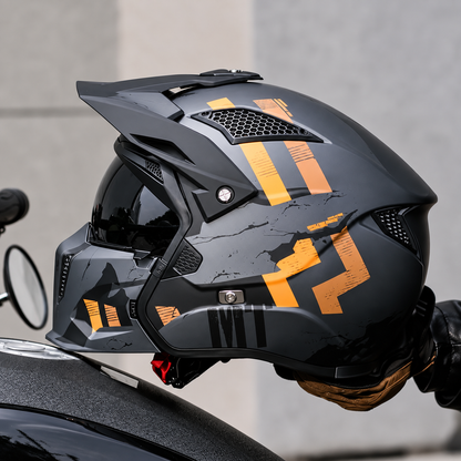 Matte Grey & Orange Skull Convertible Motorcycle Helmet LD05