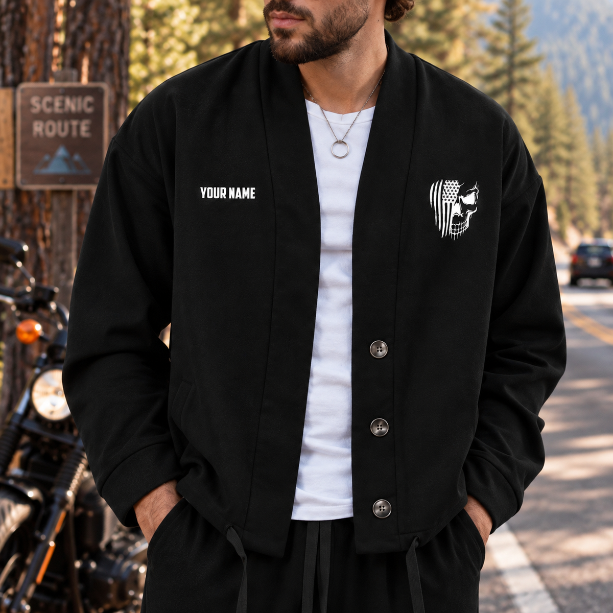 American Flag Skull Biker Personalized Combo Men's Cardigan Jacketsand Solid Jogger LV04