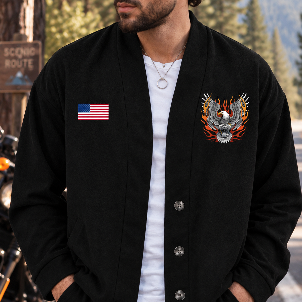 American Biker Eagle Graphic Personalized Combo Men's Cardigan Jacketsand Solid Jogger TN06