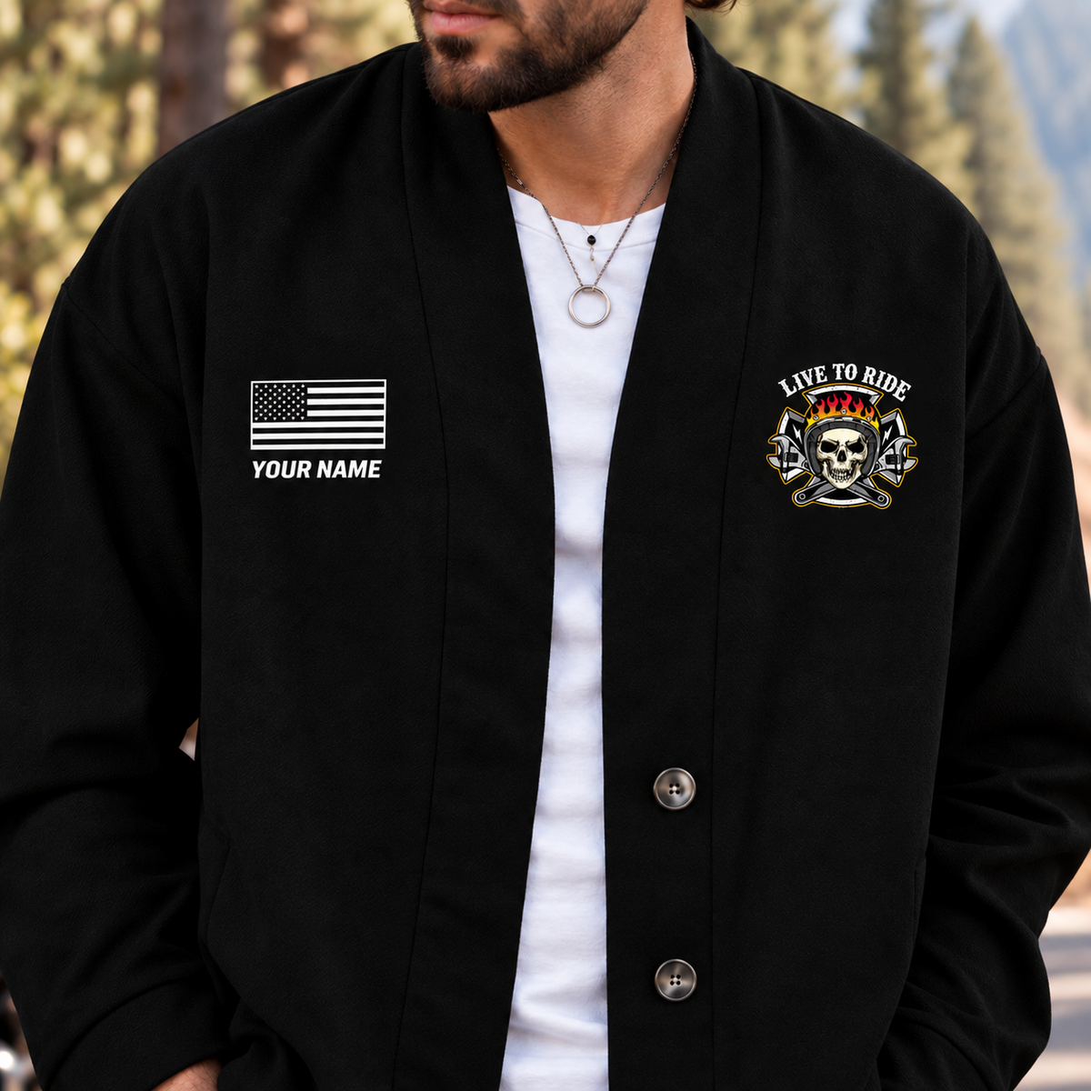 American Flag & Live to Ride Skull Personalized Combo Men's Cardigan Jacketsand Solid Jogger TG08