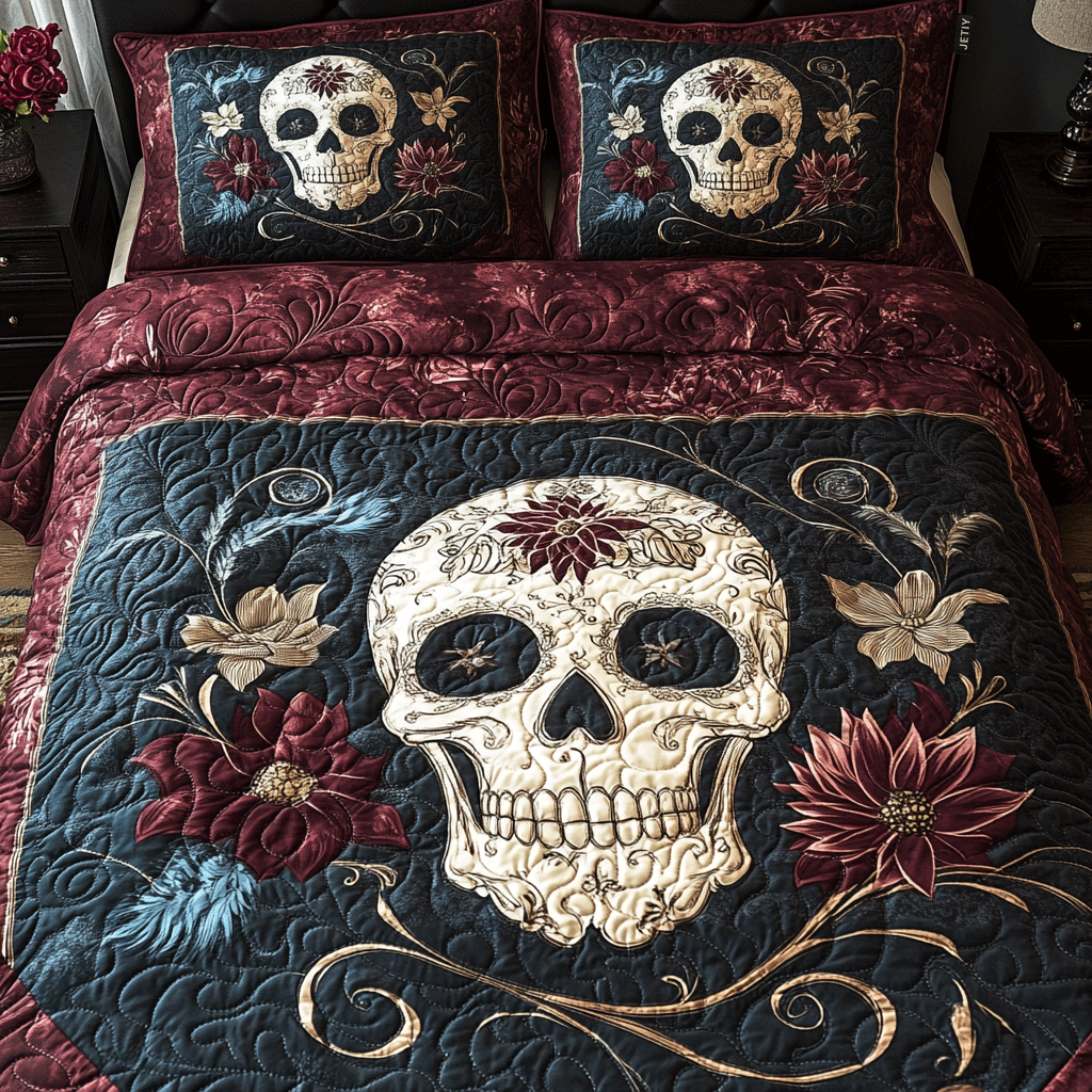Midnight Skull Bloom Quilted Bedding Set EM01