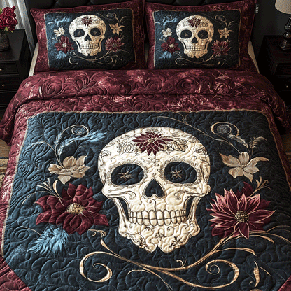 Midnight Skull Bloom Quilted Bedding Set EM01