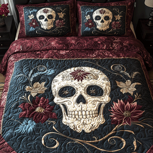 Midnight Skull Bloom Quilted Bedding Set EM01
