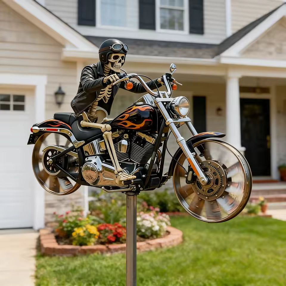 Skeleton Riding Motorcycle Wind Spinner