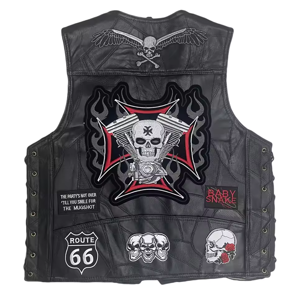 Skull & Route 66 Patches Lether Biker Vest LD18