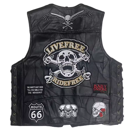 Skull Patches & Lace Up Sides Lether Biker Vest LD20