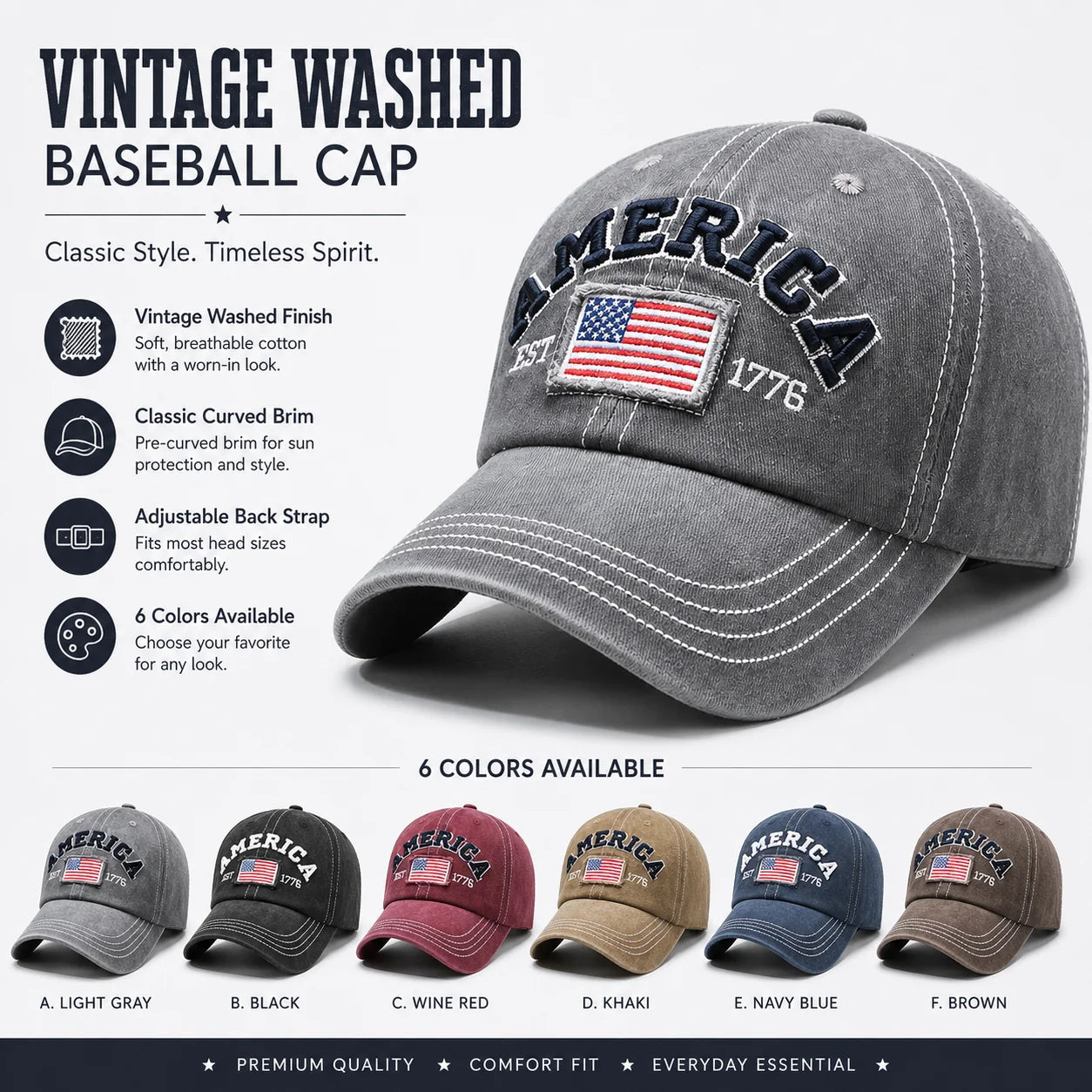 America Vintage Washed Cotton Baseball Cap