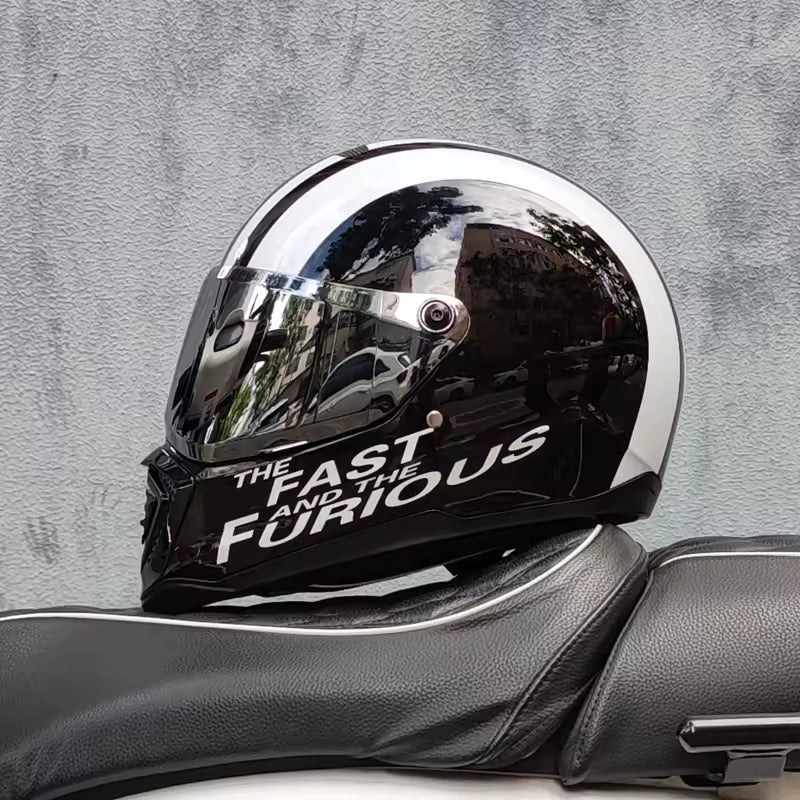 Gloss Black & Chrome Retro Full-Face Motorcycle Helmet TT31