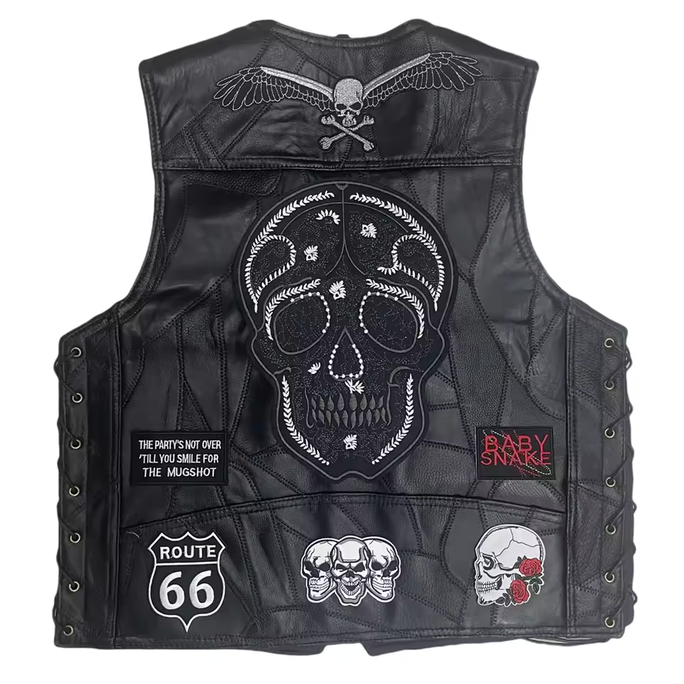 Heavy Metal Skull Patchwork Lether Biker Vest LD19