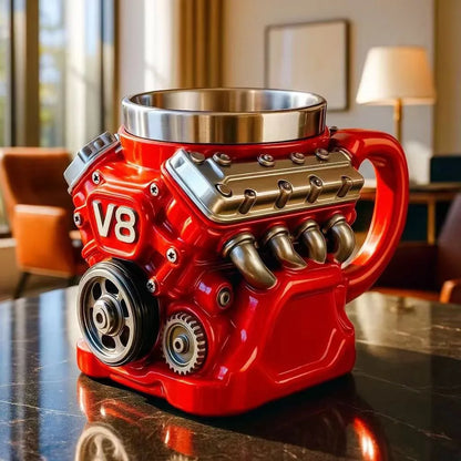 V6 / V8 Engine Stainless Steel Red Mug