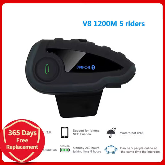 ABG V8 Bluetooth Motorcycle Helmet Headset – 5-Way Intercom, NFC, FM & Waterproof