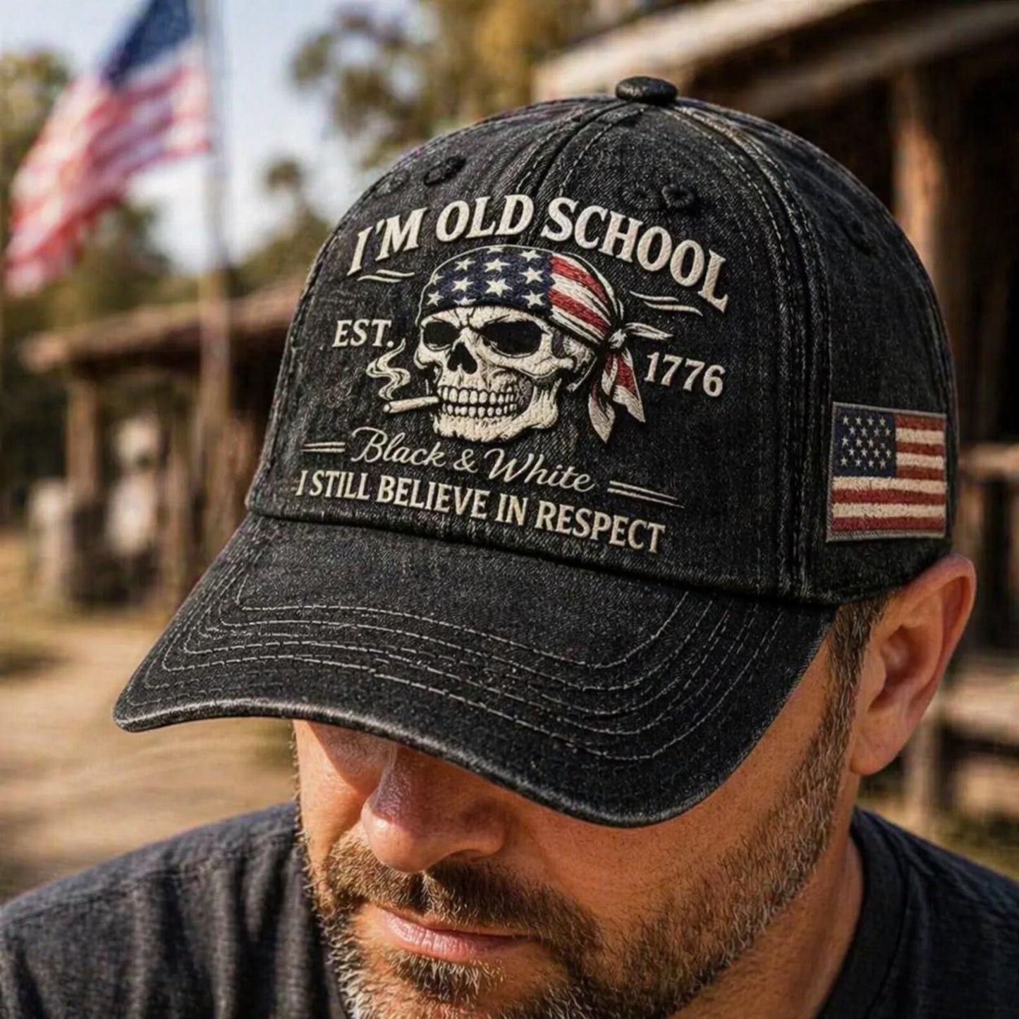 I’m Old School Patriotic Skull Print Cap