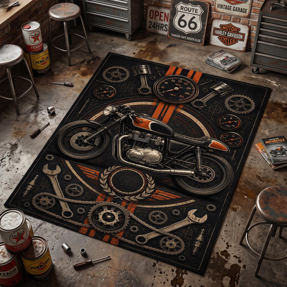 Vintage Cafe Racer Motorcycle Area Rug VA04