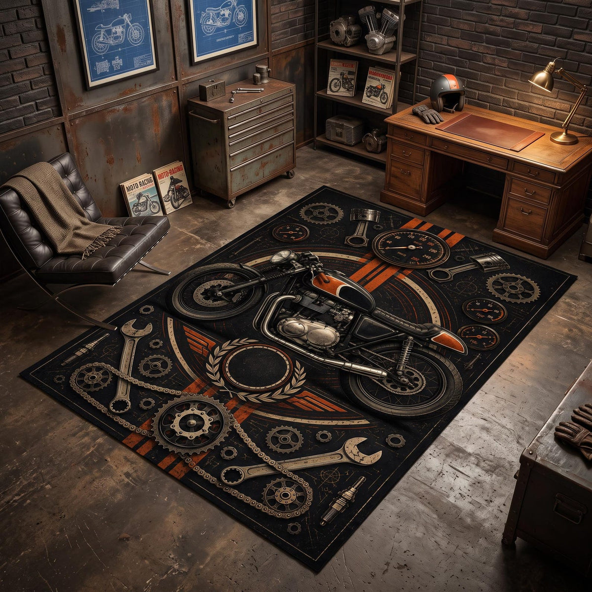 Vintage Cafe Racer Motorcycle Area Rug VA04