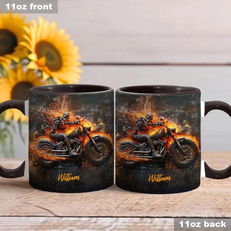 Skeleton Riding Flaming Motorcycle Mug