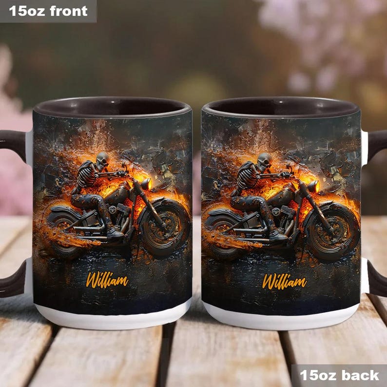 Skeleton Riding Flaming Motorcycle Mug